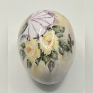 Vintage Hand Painted Yellow Rose Porcelain Easter Egg Signed Holiday Collectible